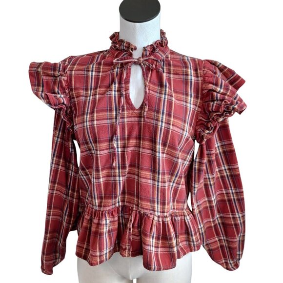 Blank NYC Top Red Plaid Flannel Ruffle Long Sleeves Boho Popover Womens Med - Picture 2 of 14